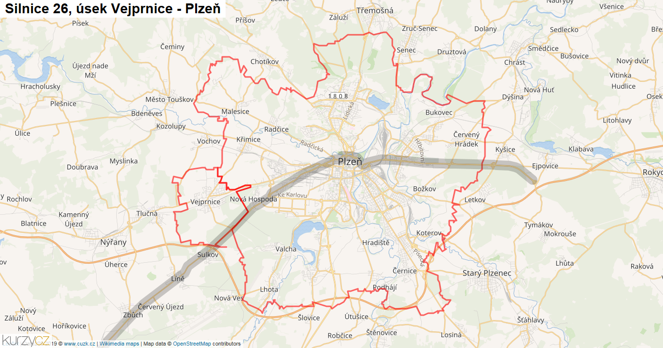 Úsek Vejprnice - Plzeň, Silnice 26 - Mapa