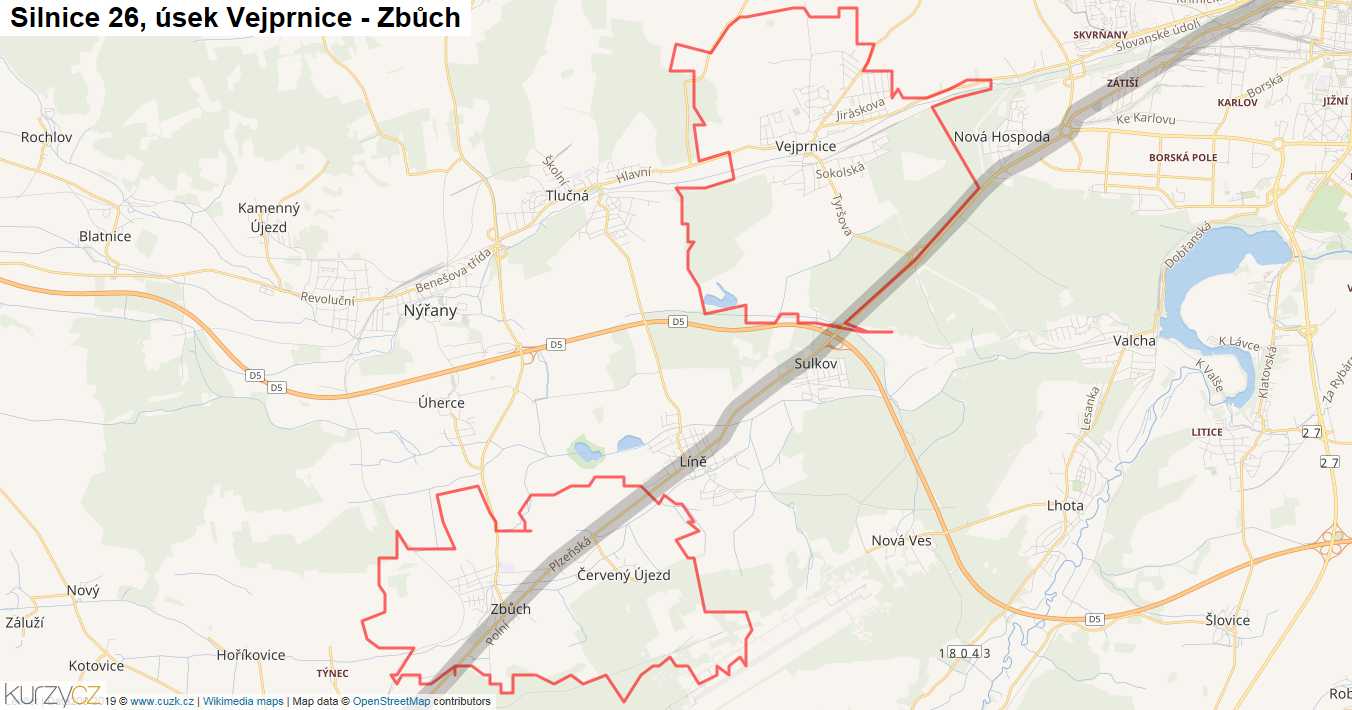 Úsek Vejprnice - Zbůch, Silnice 26 - Mapa