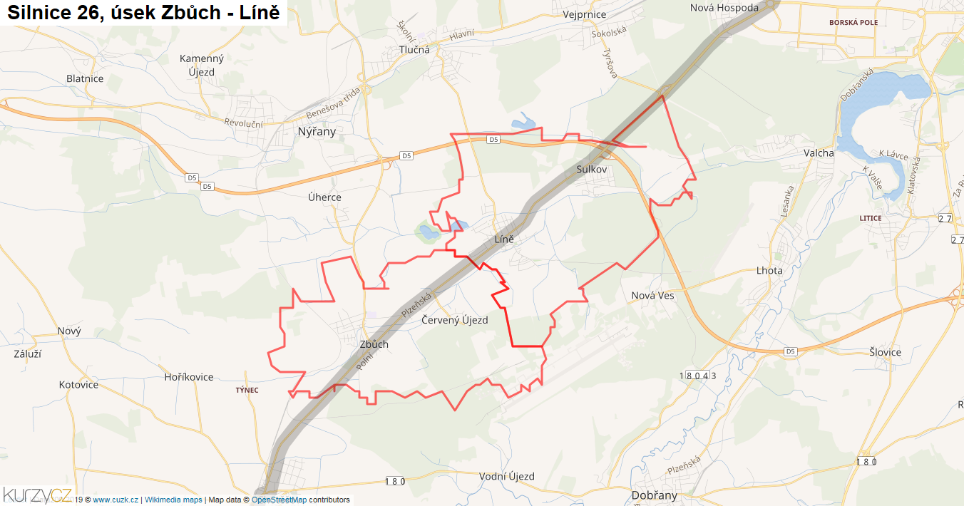 Úsek Zbůch - Líně, Silnice 26 - Mapa