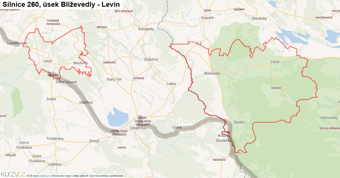 Úsek Blíževedly - Levín, Silnice 260 - Mapa