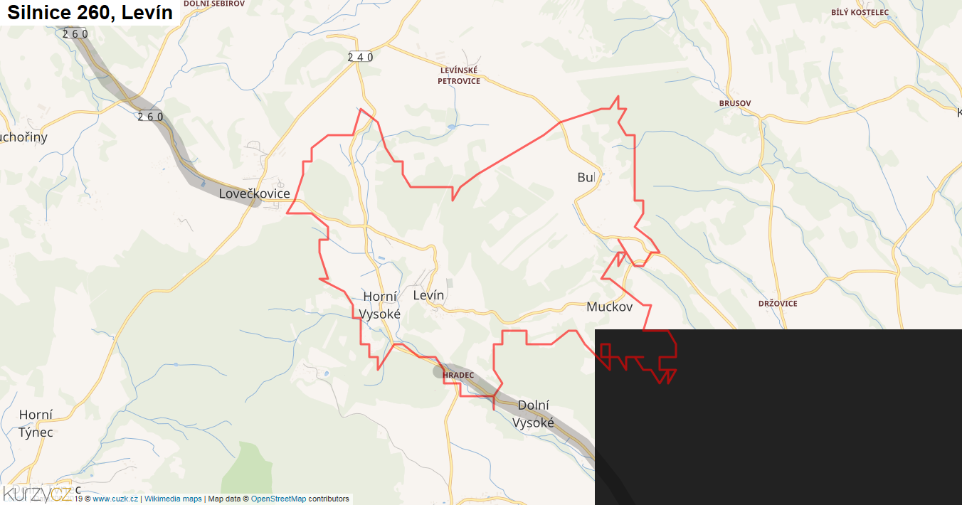 Levín, Silnice 260 - Mapa