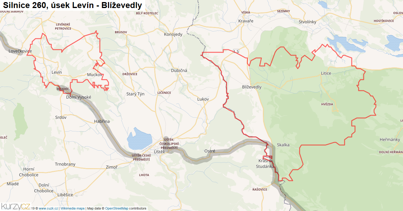 Úsek Levín - Blíževedly, Silnice 260 - Mapa