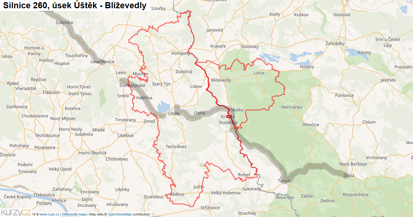 Úsek Úštěk - Blíževedly, Silnice 260 - Mapa