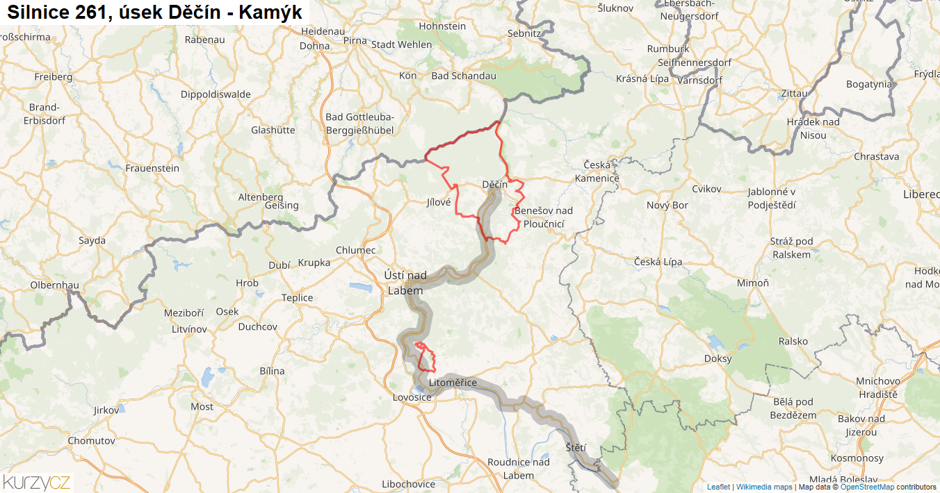 Úsek Děčín - Kamýk, Silnice 261 - Mapa