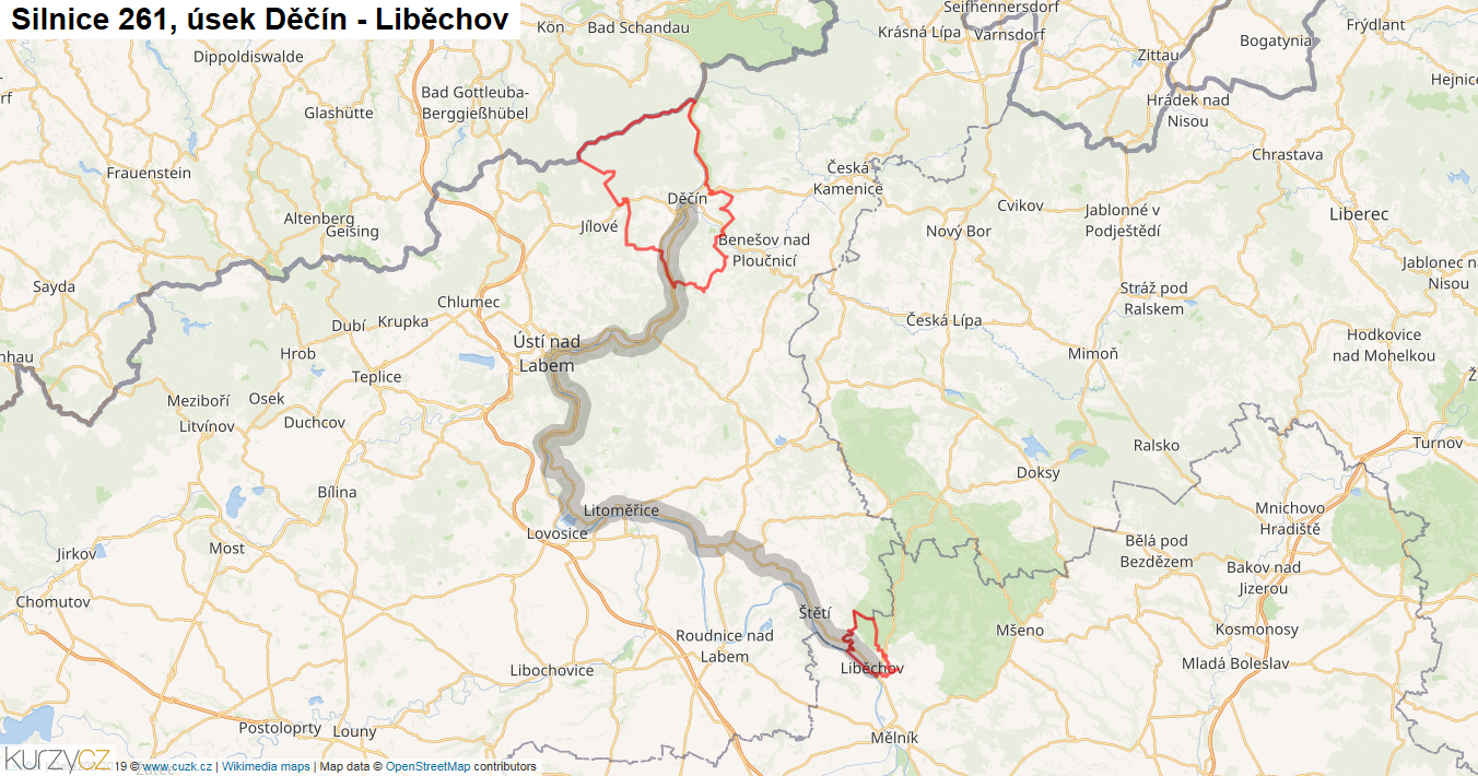 Úsek Děčín - Liběchov, Silnice 261 - Mapa