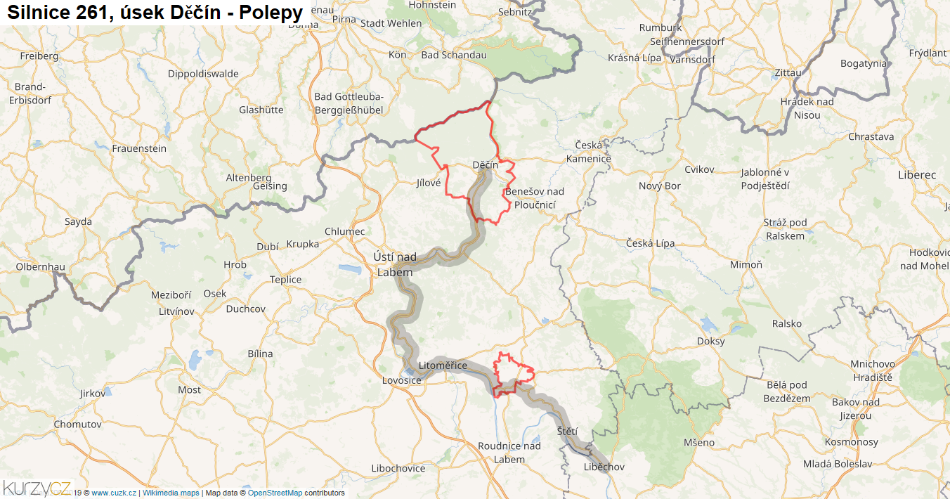 Úsek Děčín - Polepy, Silnice 261 - Mapa