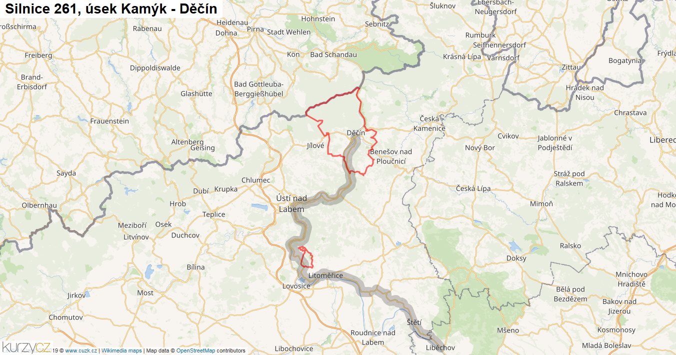 Úsek Kamýk - Děčín, Silnice 261 - Mapa