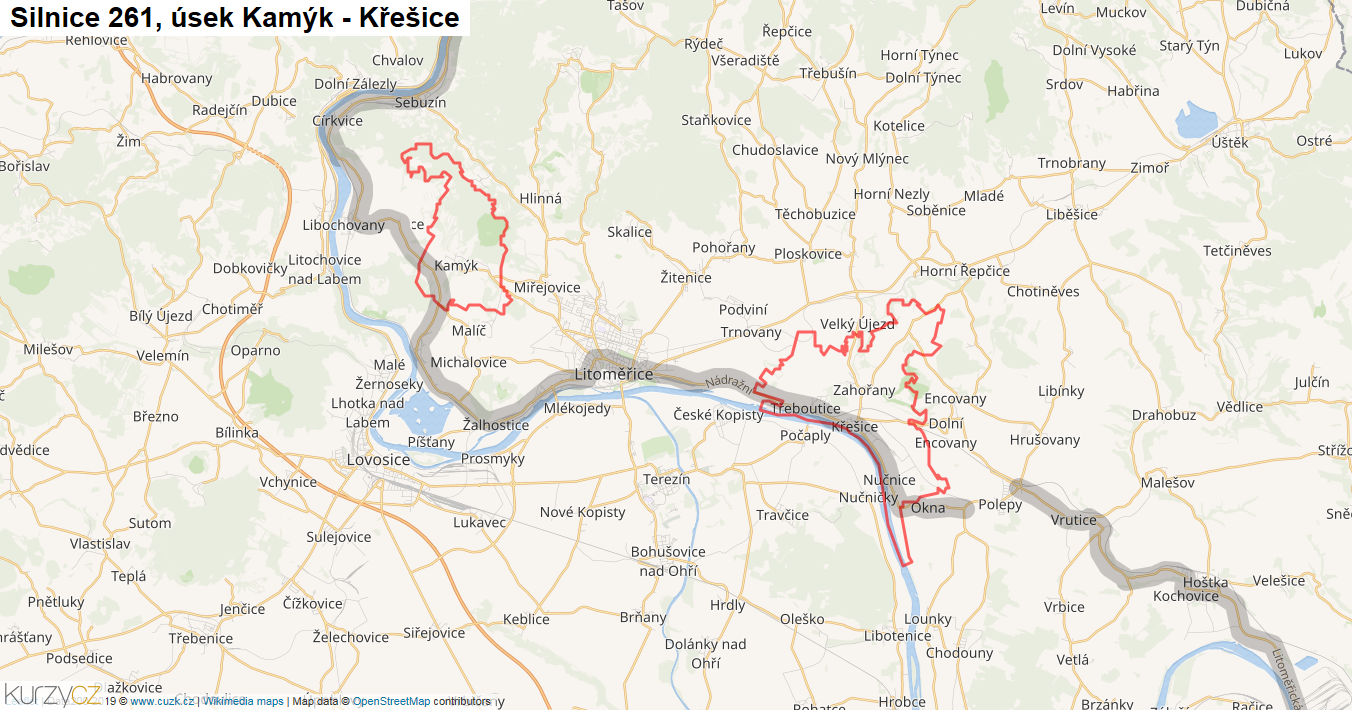 Úsek Kamýk - Křešice, Silnice 261 - Mapa