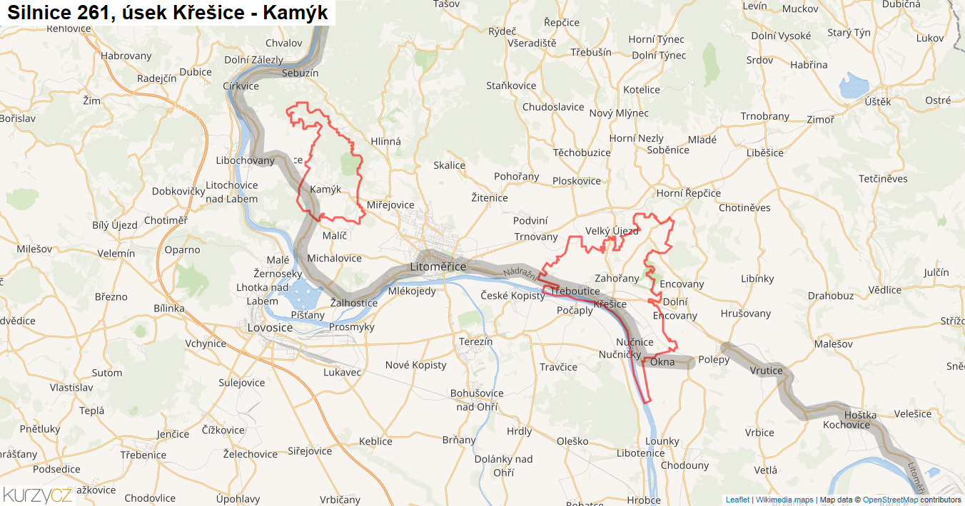 Úsek Křešice - Kamýk, Silnice 261 - Mapa