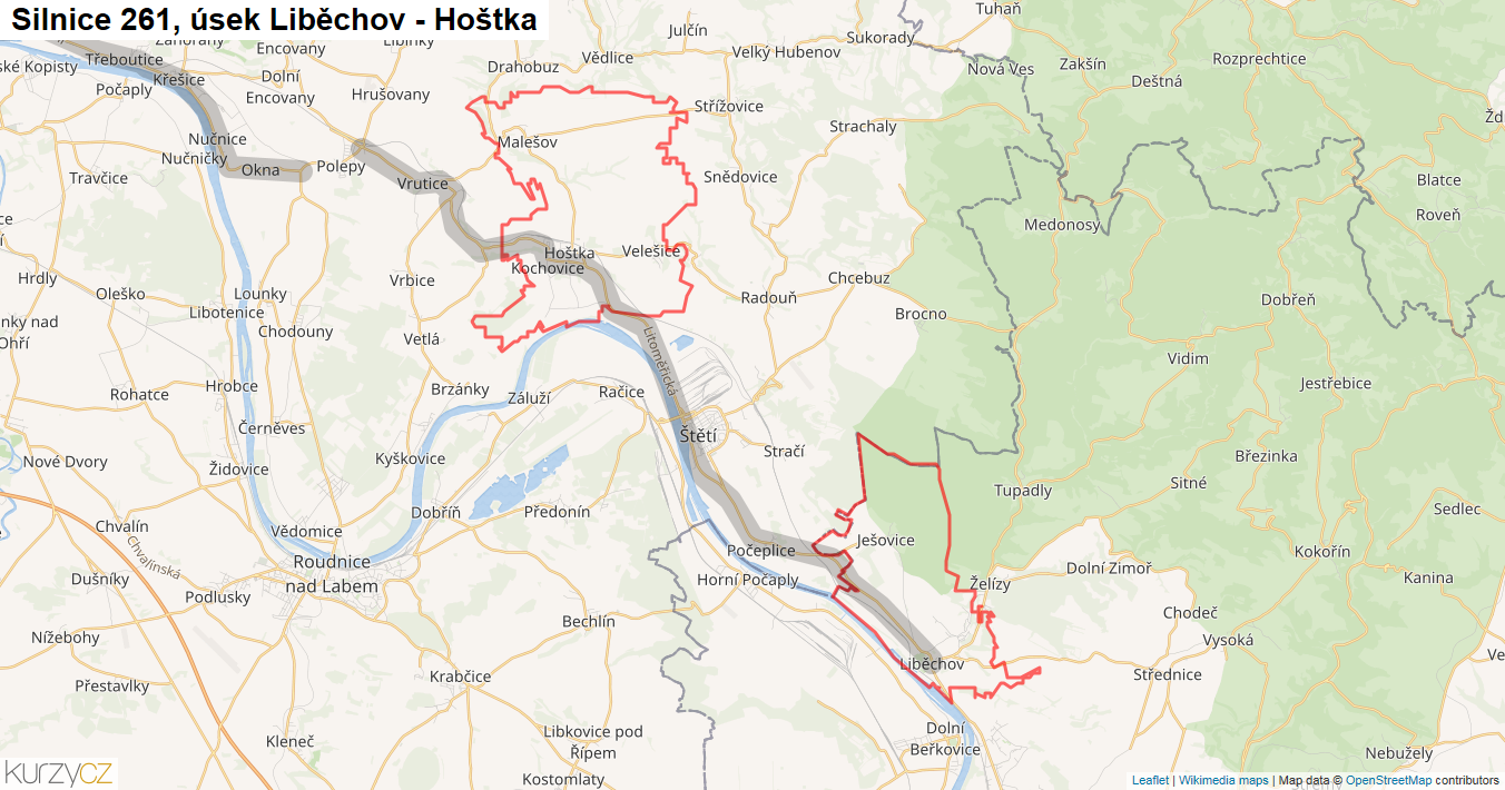 Úsek Liběchov - Hoštka, Silnice 261 - Mapa