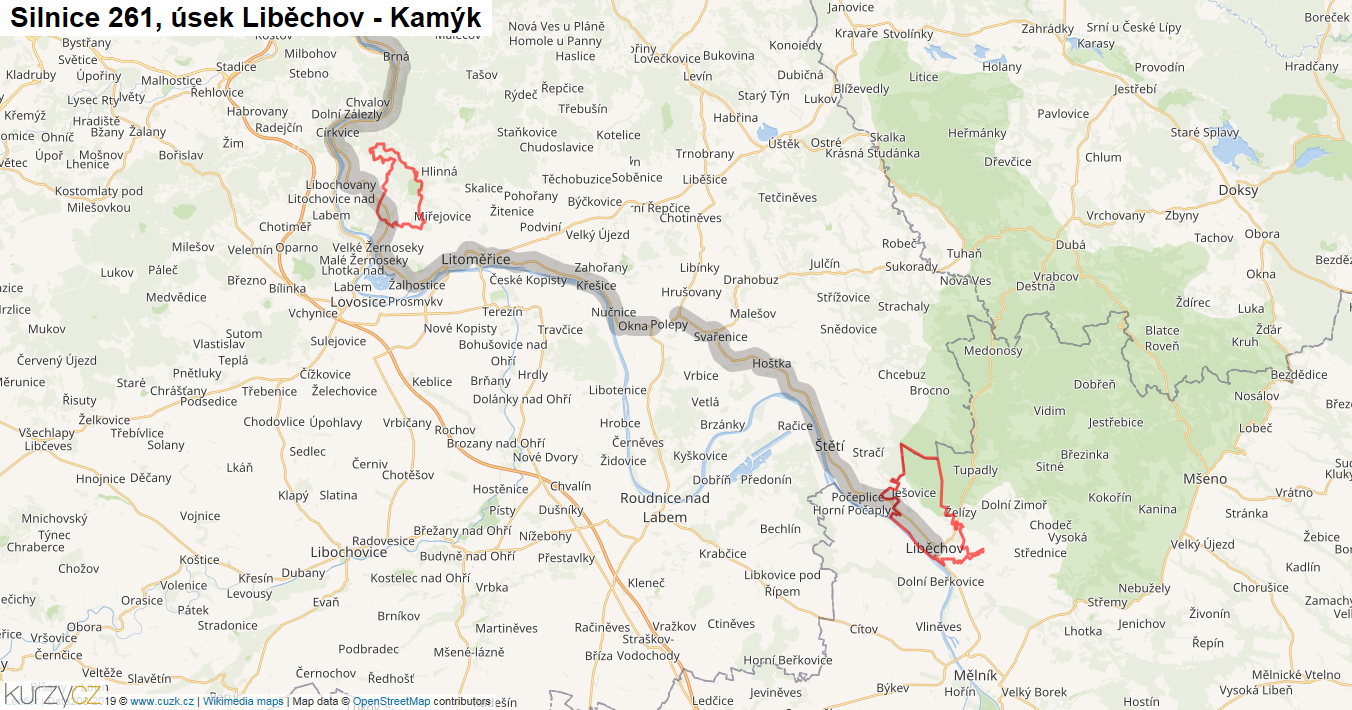 Úsek Liběchov - Kamýk, Silnice 261 - Mapa