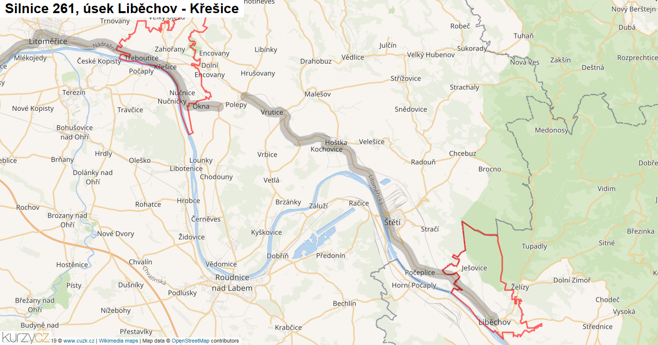 Úsek Liběchov - Křešice, Silnice 261 - Mapa