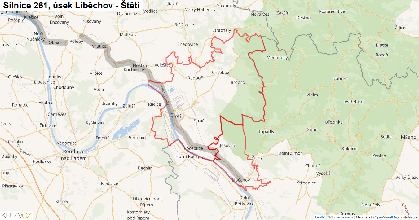 Úsek Liběchov - Štětí, Silnice 261 - Mapa