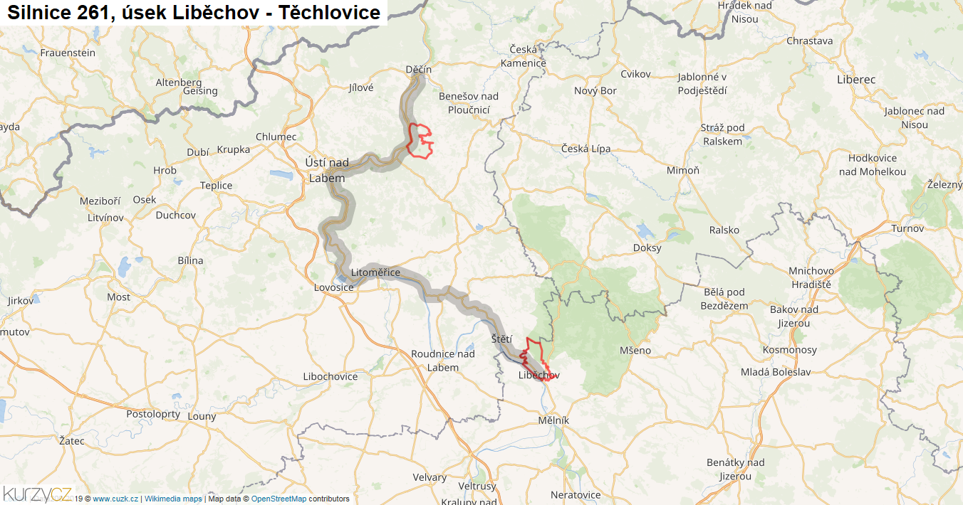 Úsek Liběchov - Těchlovice, Silnice 261 - Mapa