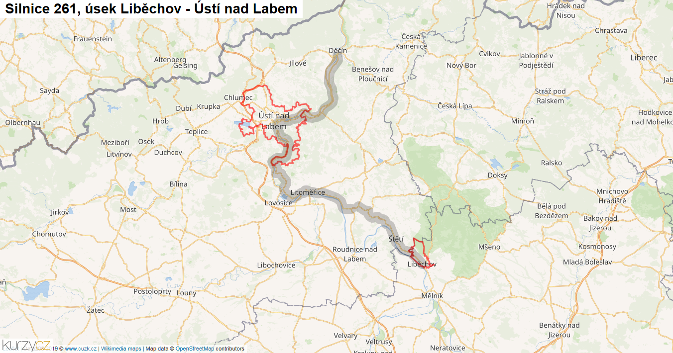 Úsek Liběchov - Ústí nad Labem, Silnice 261 - Mapa