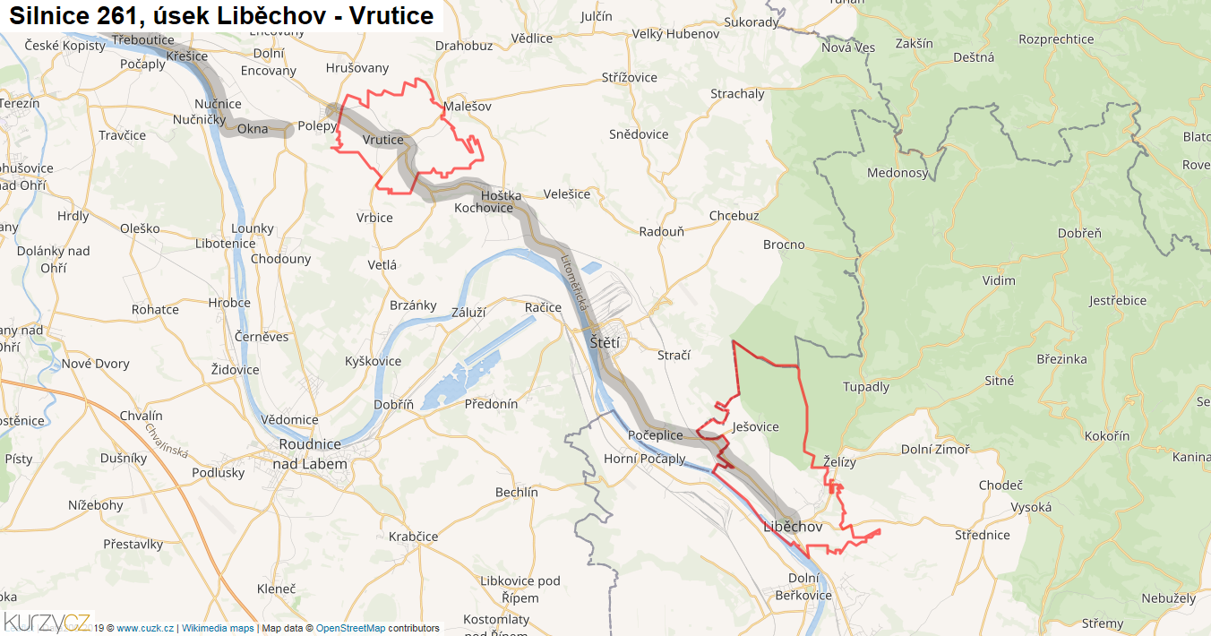 Úsek Liběchov - Vrutice, Silnice 261 - Mapa