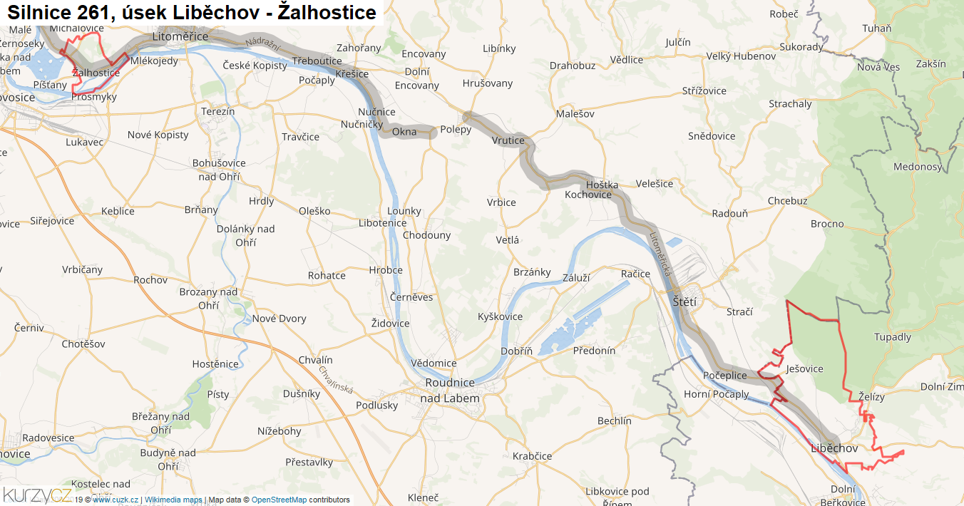 Úsek Liběchov - Žalhostice, Silnice 261 - Mapa