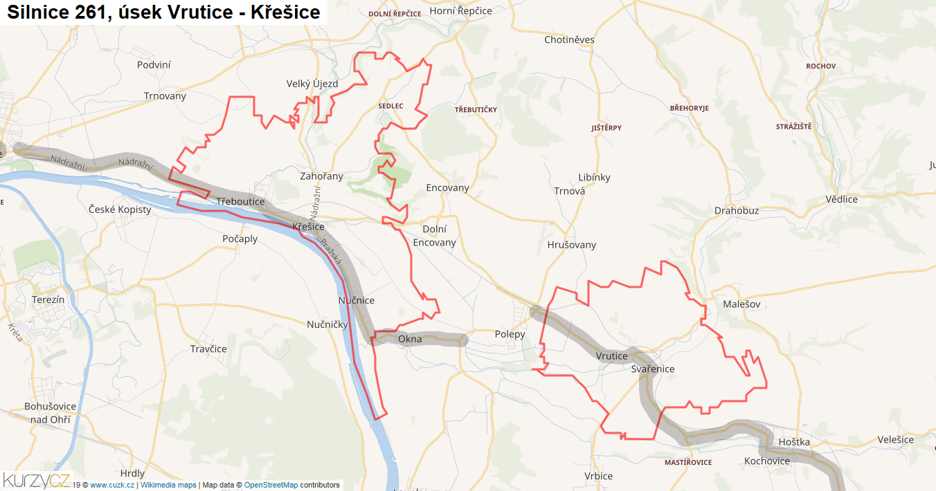 Úsek Vrutice - Křešice, Silnice 261 - Mapa