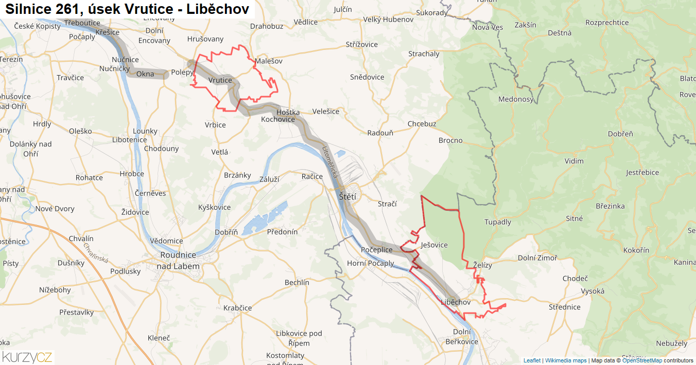 Úsek Vrutice - Liběchov, Silnice 261 - Mapa