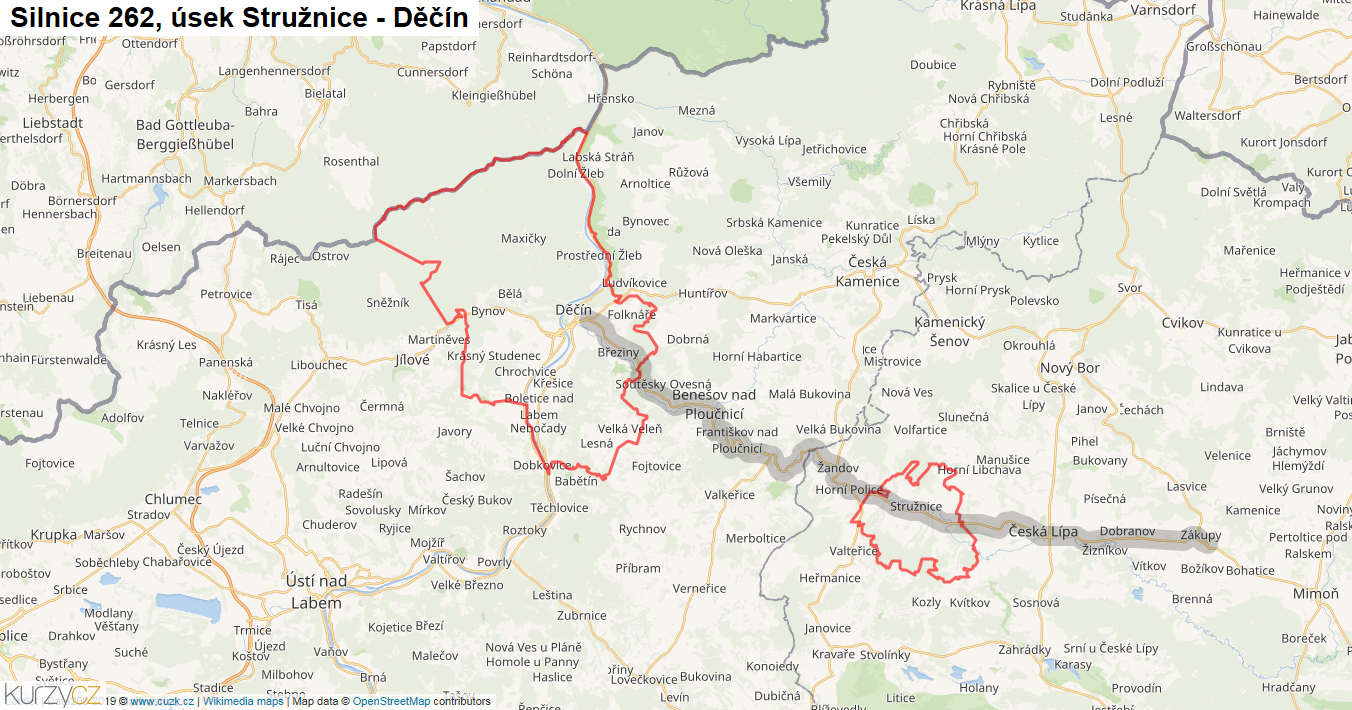 Úsek Stružnice - Děčín, Silnice 262 - Mapa