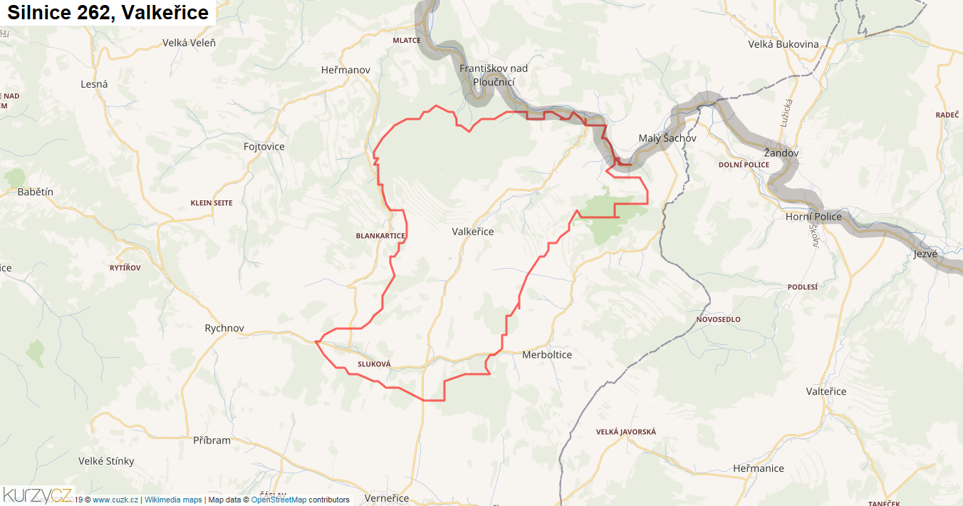 Valkeřice, Silnice 262 - Mapa