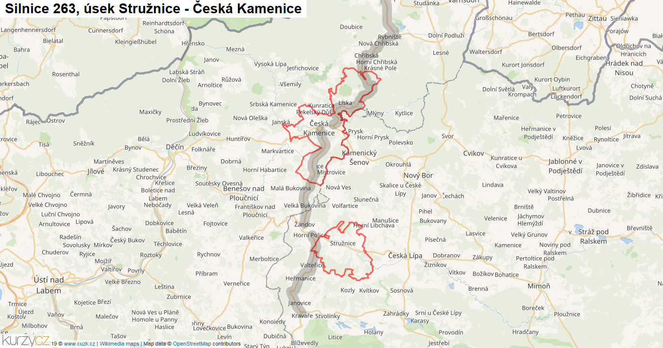 Úsek Stružnice - Česká Kamenice, Silnice 263 - Mapa