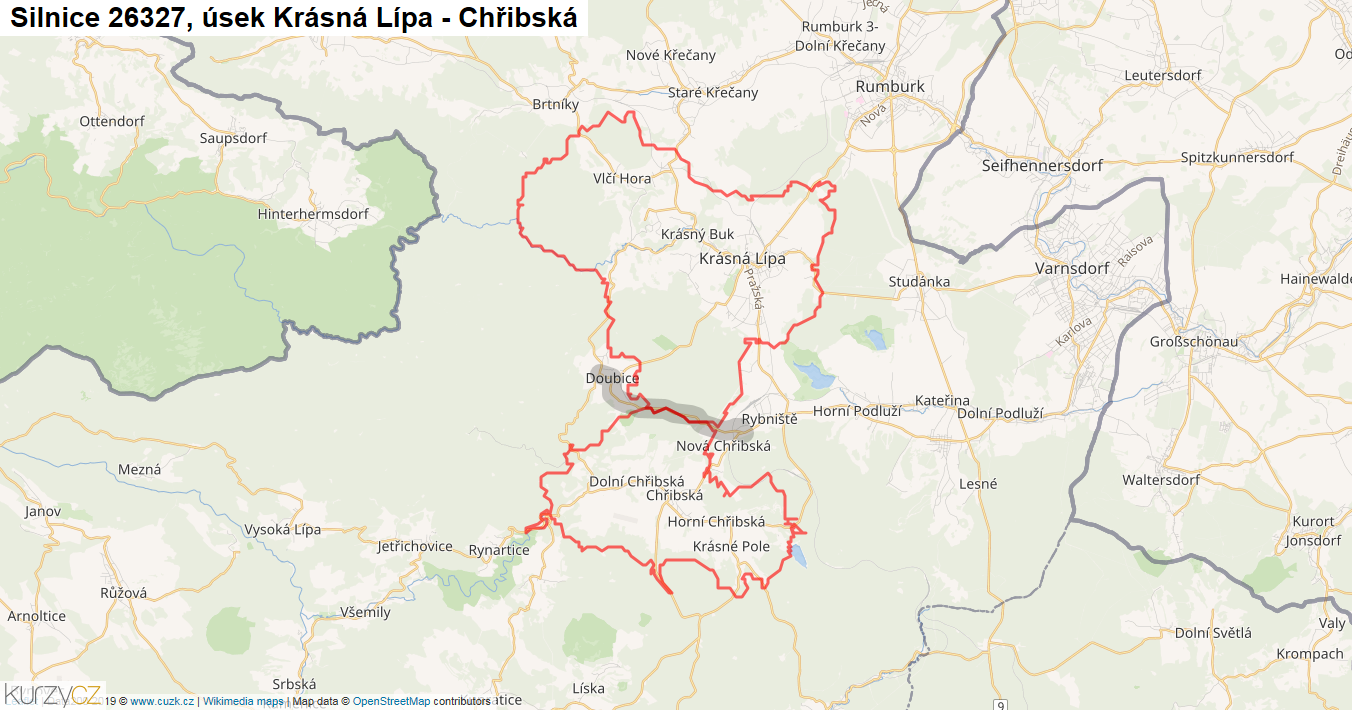 Úsek Krásná Lípa - Chřibská, Silnice 26327 - Mapa