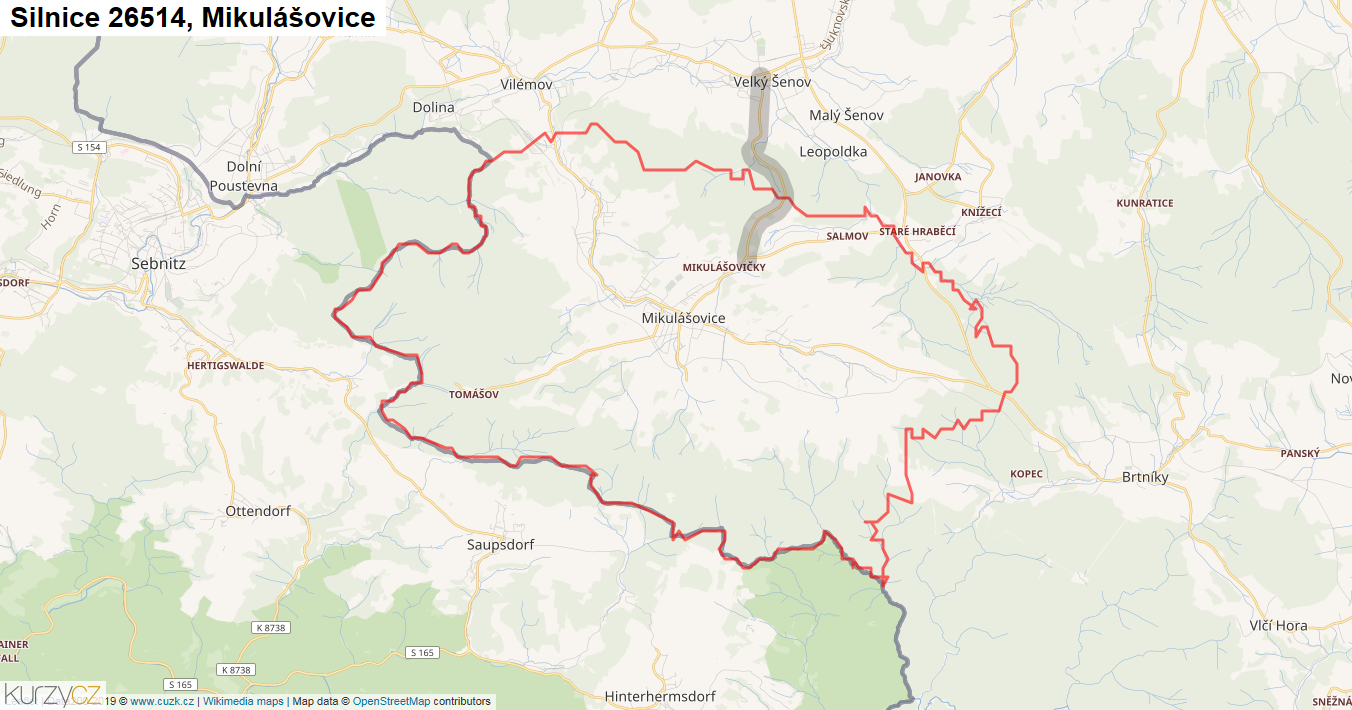 Mikulášovice, Silnice 26514 - Mapa