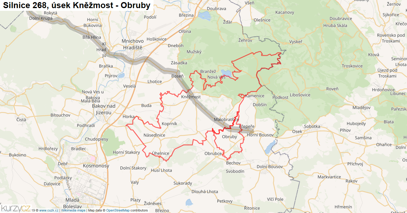 Úsek Kněžmost - Obruby, Silnice 268 - Mapa