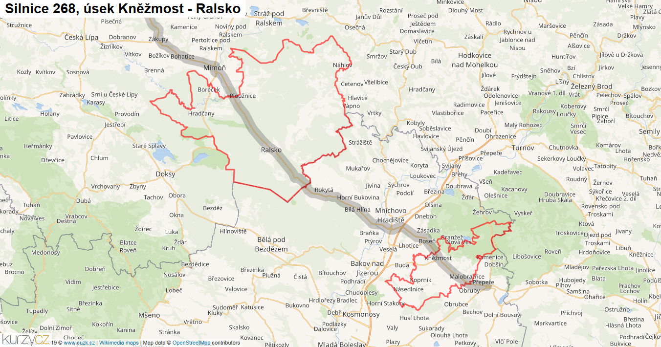 Úsek Kněžmost - Ralsko, Silnice 268 - Mapa