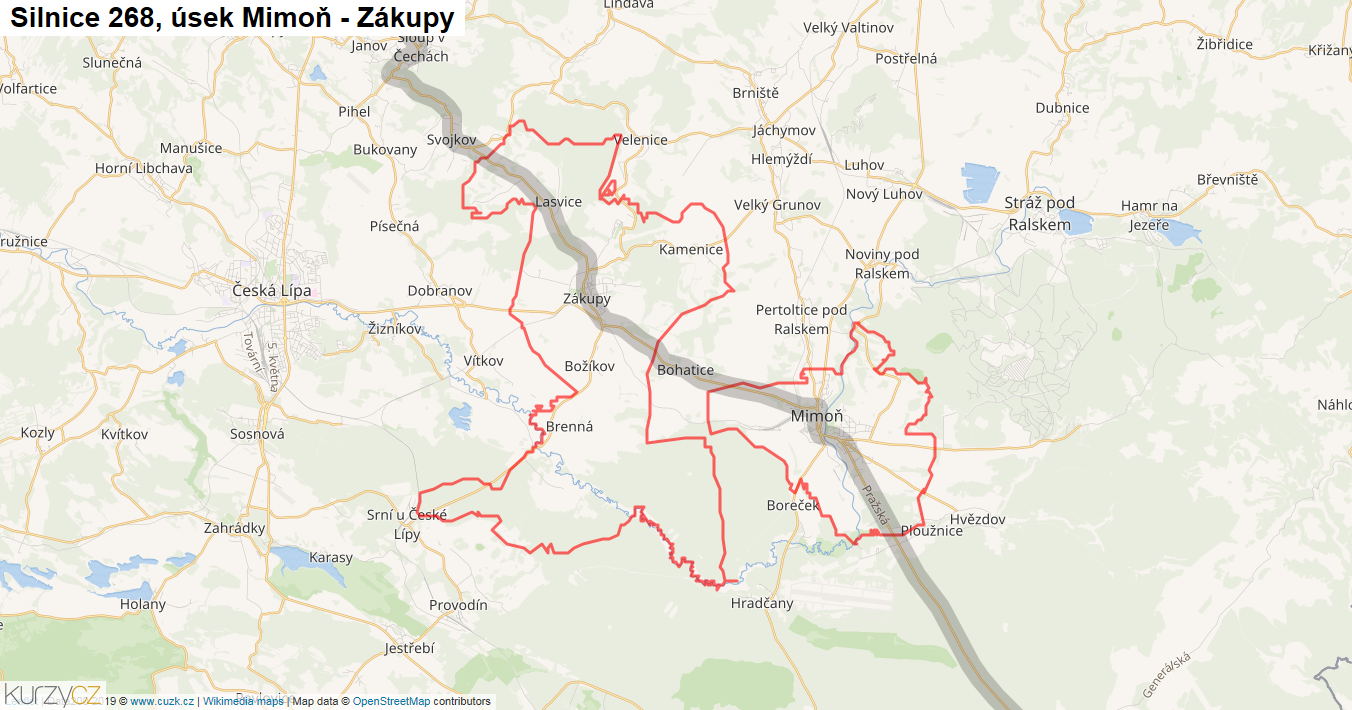 Úsek Mimoň - Zákupy, Silnice 268 - Mapa