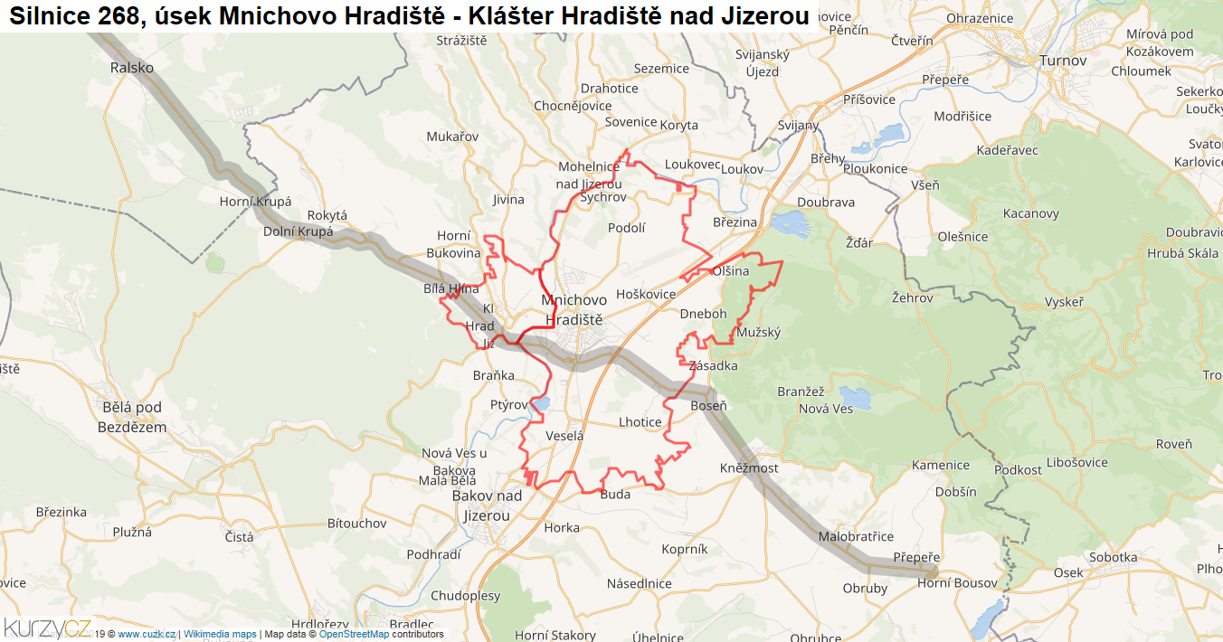 Úsek Mnichovo Hradiště - Klášter Hradiště nad Jizerou, Silnice 268 - Mapa