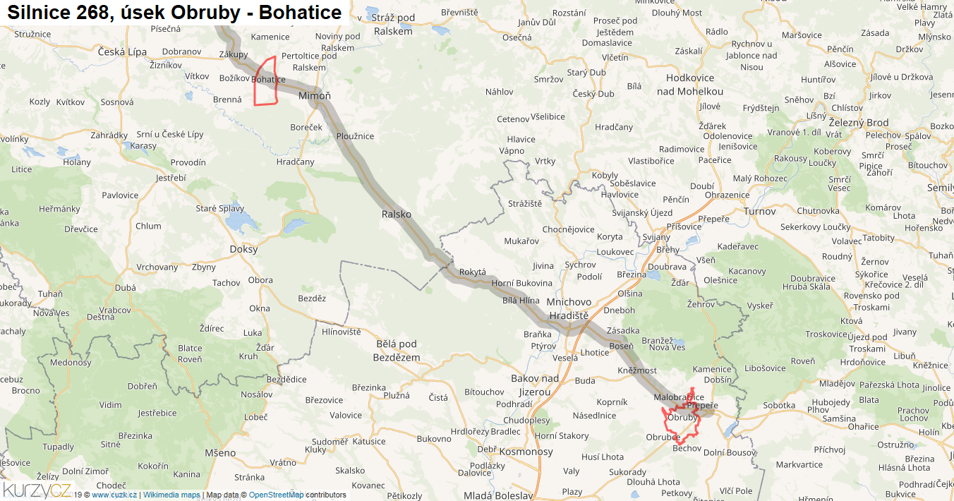 Úsek Obruby - Bohatice, Silnice 268 - Mapa