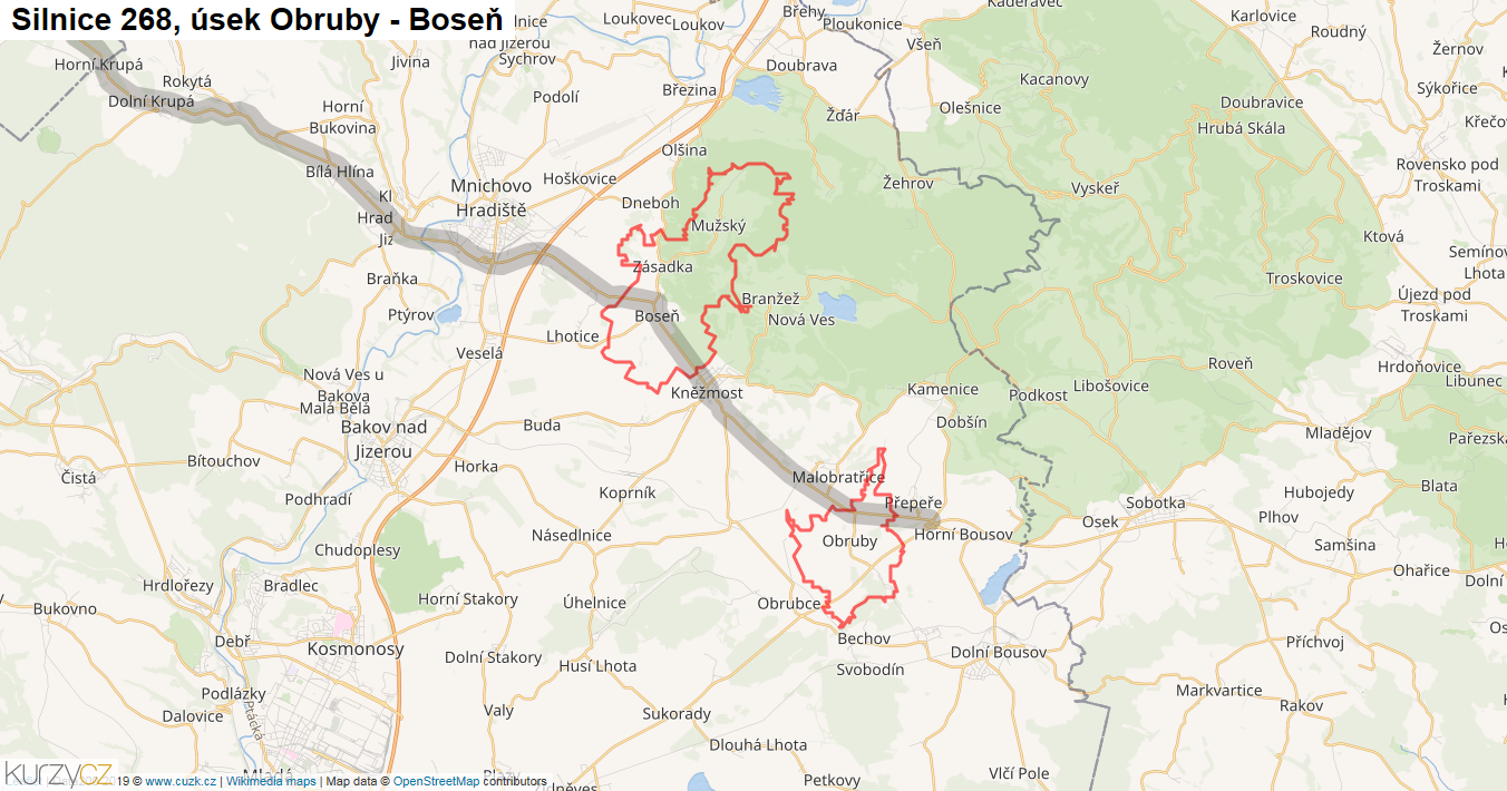 Úsek Obruby - Boseň, Silnice 268 - Mapa