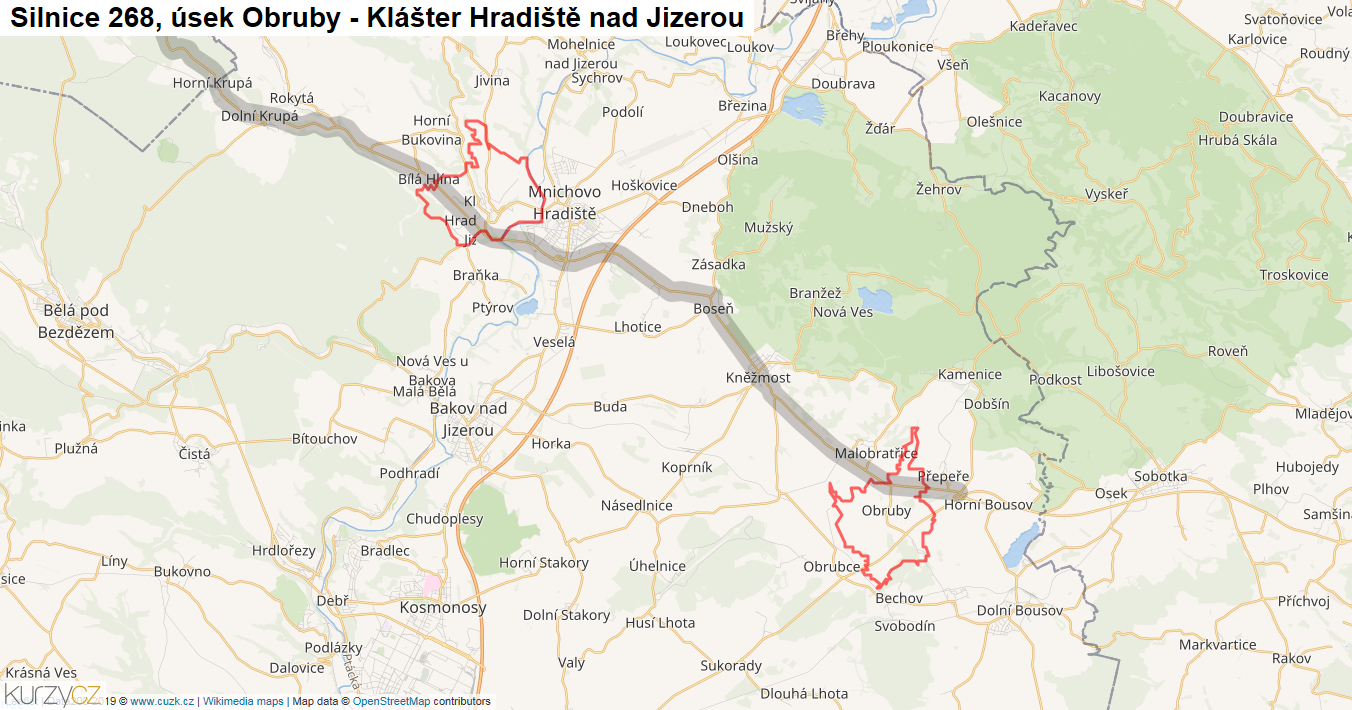 Úsek Obruby - Klášter Hradiště nad Jizerou, Silnice 268 - Mapa