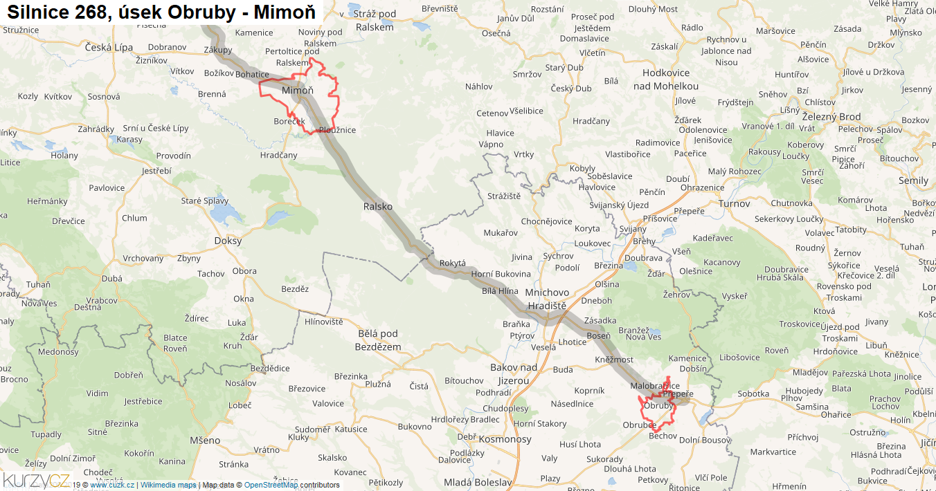 Úsek Obruby - Mimoň, Silnice 268 - Mapa