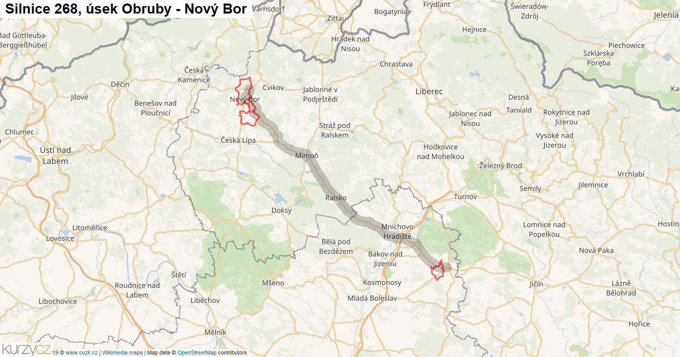 Úsek Obruby - Nový Bor, Silnice 268 - Mapa