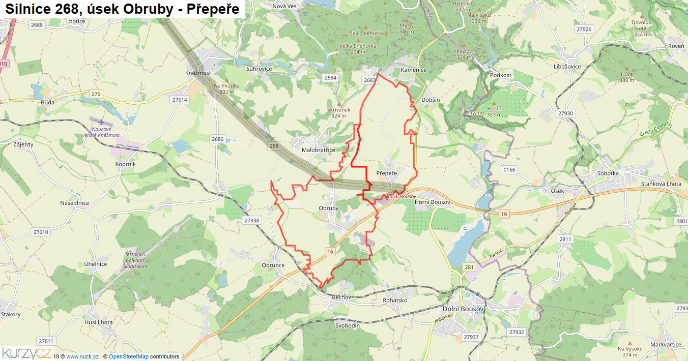 Úsek Obruby - Přepeře, Silnice 268 - Mapa