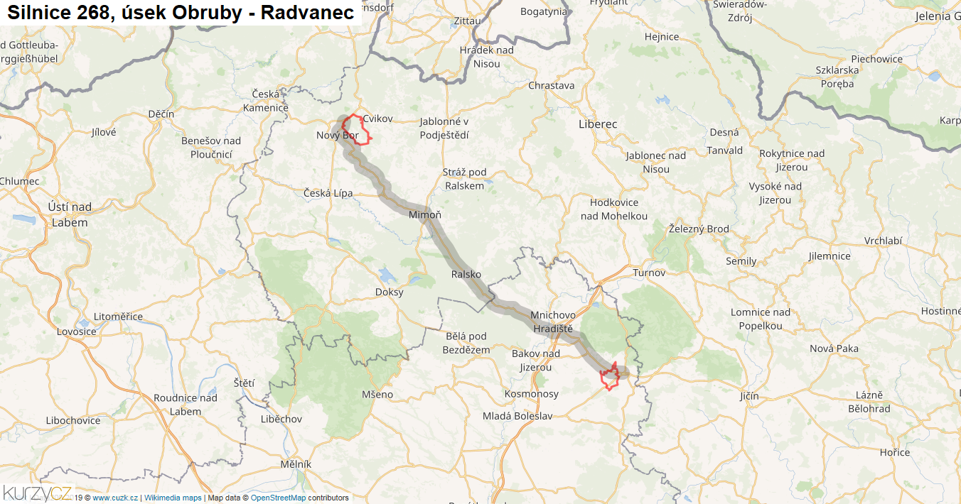 Úsek Obruby - Radvanec, Silnice 268 - Mapa