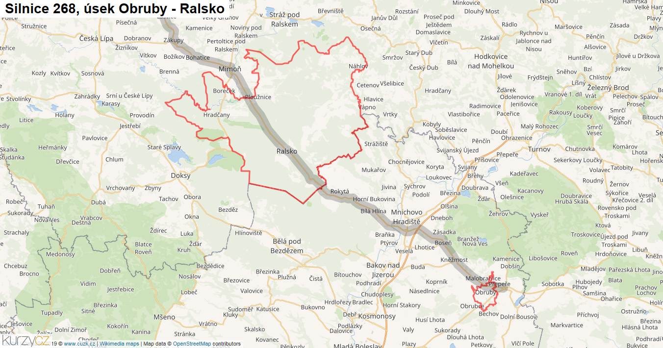 Úsek Obruby - Ralsko, Silnice 268 - Mapa