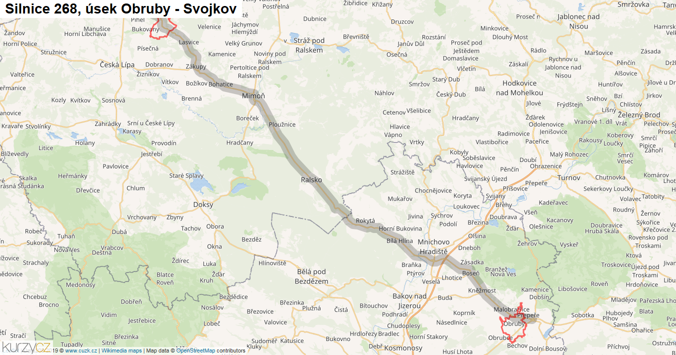 Úsek Obruby - Svojkov, Silnice 268 - Mapa