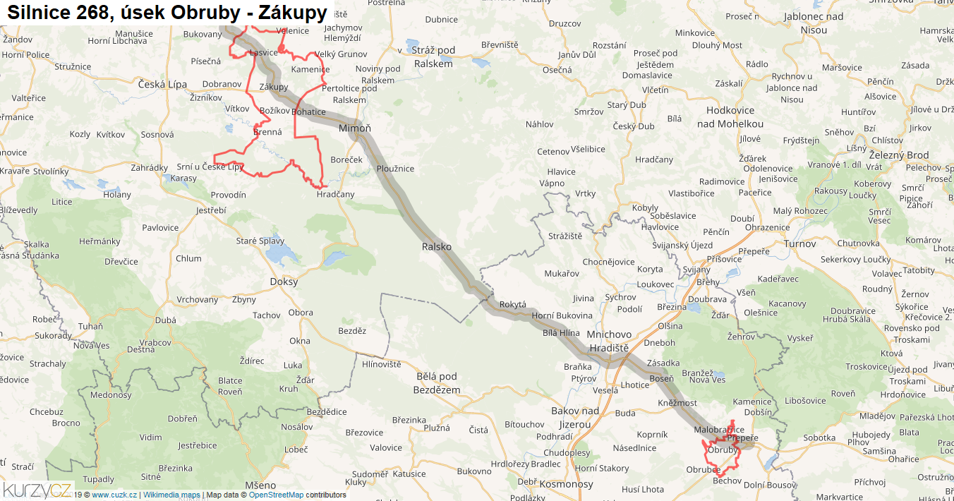 Úsek Obruby - Zákupy, Silnice 268 - Mapa