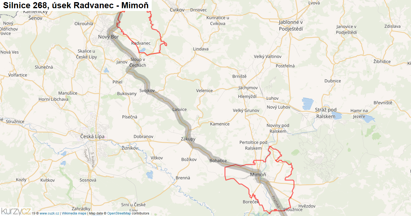 Úsek Radvanec - Mimoň, Silnice 268 - Mapa