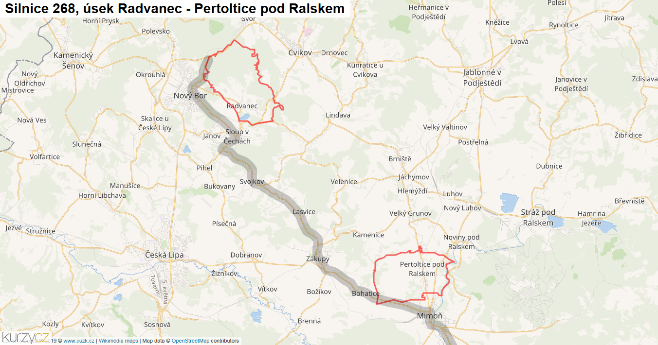 Úsek Radvanec - Pertoltice pod Ralskem, Silnice 268 - Mapa