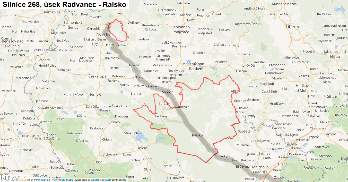 Úsek Radvanec - Ralsko, Silnice 268 - Mapa
