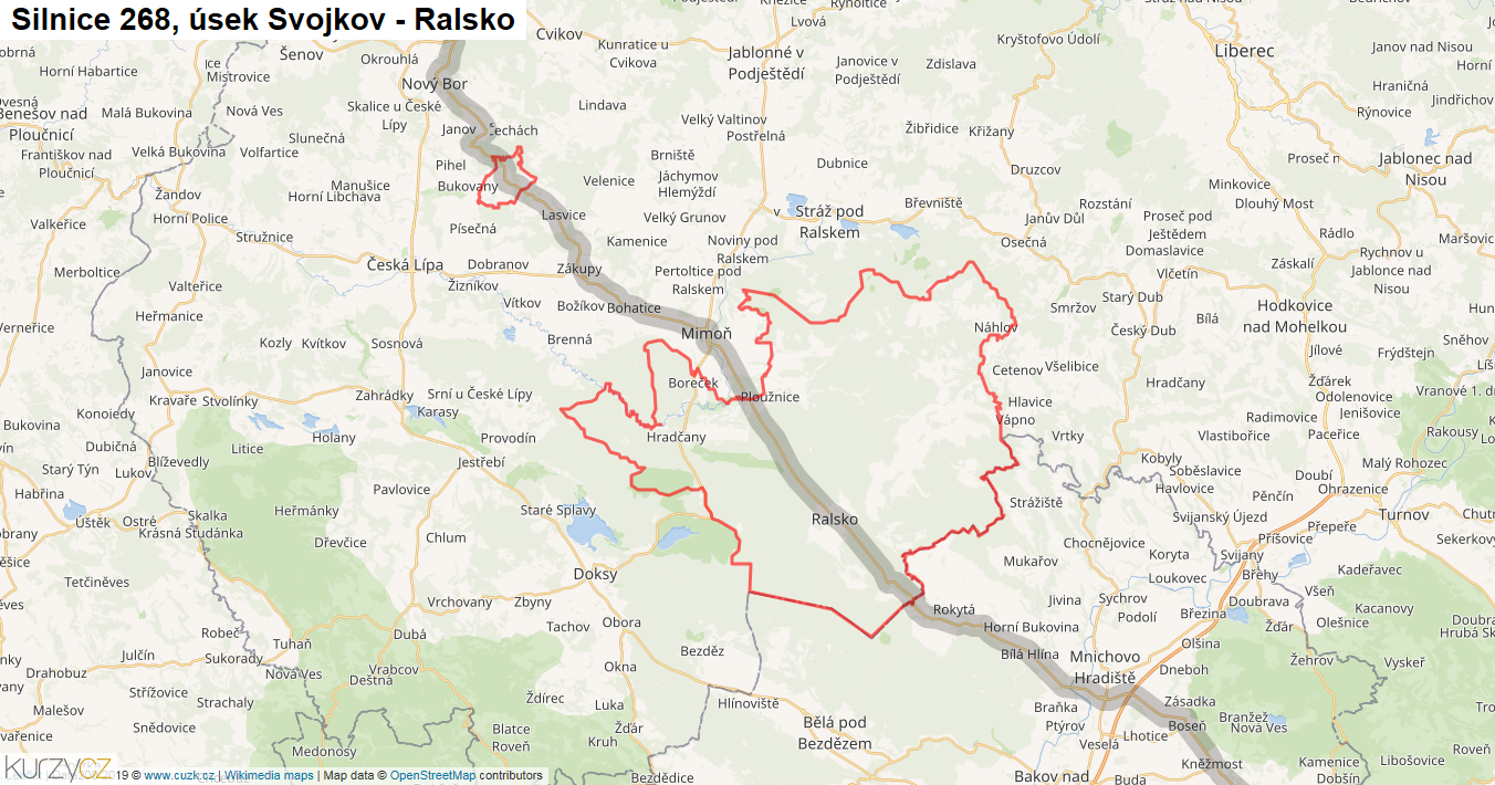 Úsek Svojkov - Ralsko, Silnice 268 - Mapa