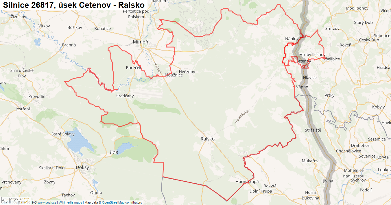Úsek Cetenov - Ralsko, Silnice 26817 - Mapa