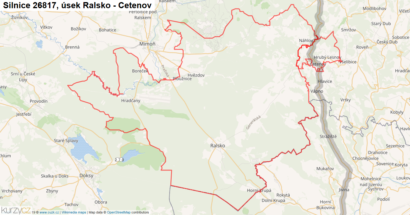 Úsek Ralsko - Cetenov, Silnice 26817 - Mapa