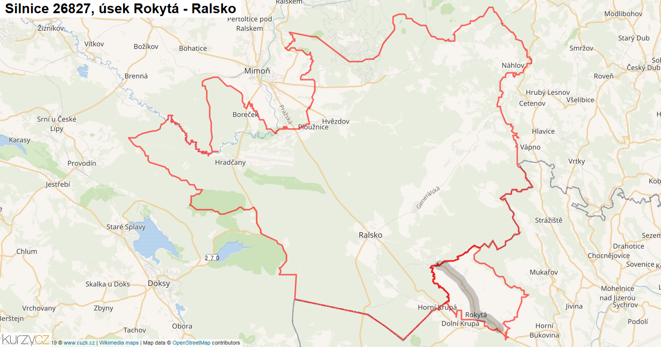 Úsek Rokytá - Ralsko, Silnice 26827 - Mapa