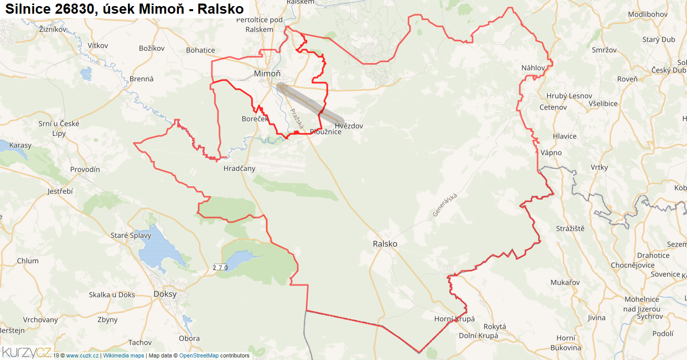 Úsek Mimoň - Ralsko, Silnice 26830 - Mapa